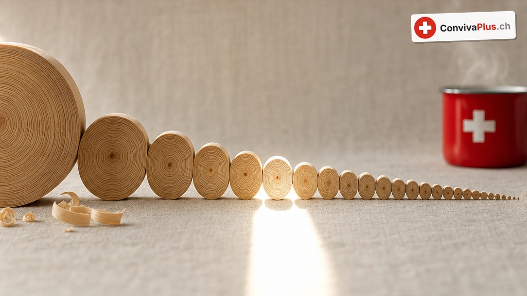 Wooden discs in a row, from a large trunk slice down to tiny chips; a hand places the smallest with tweezers, beside wood shavings and a steaming red enamel mug with a Swiss cross