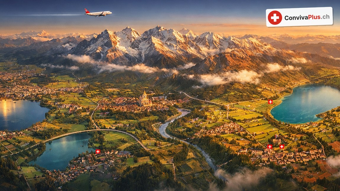Aerial view over the Swiss Plateau in evening light: lakes, villages and fields, with the snow-covered Alps rising above a band of cloud and an aeroplane in the sky