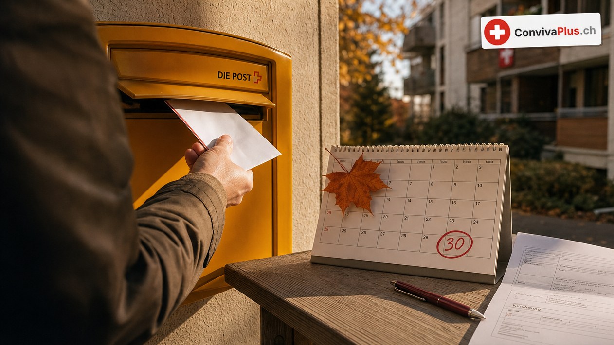 Eine Hand wirft einen Brief in einen gelben Briefkasten der Post; daneben auf einer Mauer ein Tischkalender mit Herbstblatt und rot umkreister 30, ein ausgefülltes Formular und ein roter Stift, im Hintergrund ein Wohnblock mit Schweizer Fahne