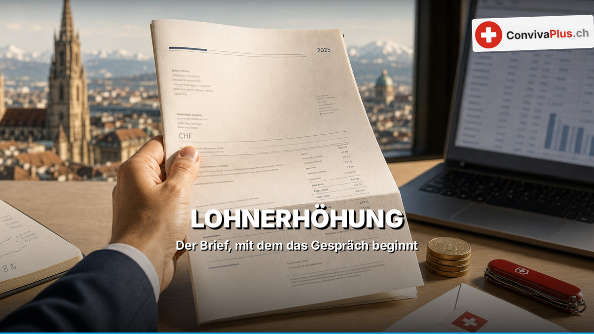 Musterbrief für eine Lohnerhöhung auf dem Schreibtisch mit Notizen zu Argumenten, Marktlohn-Vergleich und Franken-Symbol, Vorbereitung auf das Gehaltsgespräch in der Schweiz