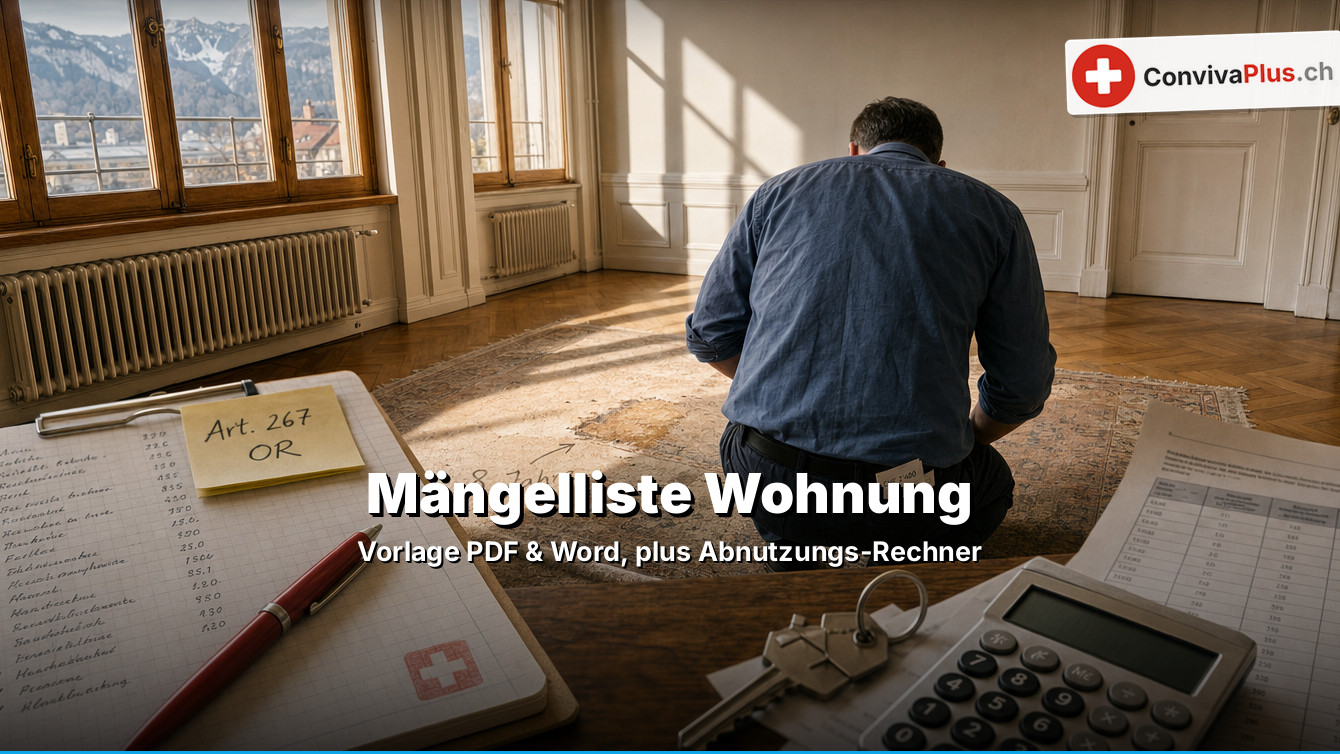 Ein Mann kniet in einer leeren Altbauwohnung auf einem Teppich mit dem Kreidevermerk «8 Jahre»; vorne ein Notizblock mit Checkliste und Zettel «Art. 267 OR», roter Kugelschreiber, Wohnungsschlüssel, Taschenrechner und eine Tabelle
