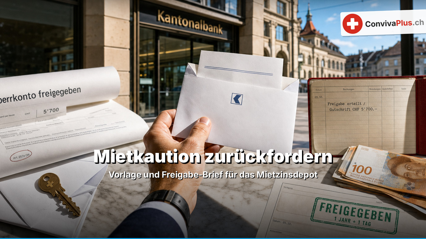 Eine Hand zieht vor einer Kantonalbank-Filiale einen Brief aus einem Bankumschlag; auf dem Marmortisch ein Schreiben «Sperrkonto freigegeben» über 5'700 Franken, ein Sparheft mit Gutschrift, ein Formular «Freigegeben 1 Jahr + 1 Tag», ein Schlüssel und 100-Franken-Noten