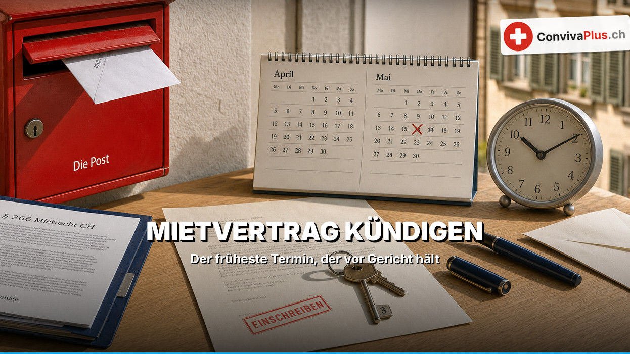 Holztisch am Fenster einer Altstadtwohnung: ein Kündigungsschreiben mit rotem Stempel «Einschreiben» und Wohnungsschlüsseln, daneben ein Ordner zum Mietrecht, ein Tischkalender April/Mai mit rotem Kreuz, ein Wecker und ein roter Briefkasten der Post