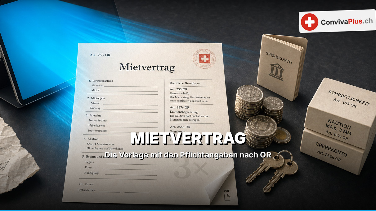 Mietvertrag erstellen Schweiz: unterschriebener Wohnungs-Mietvertrag mit zwei Kugelschreibern, Wohnungsschlüssel und Taschenrechner auf einem hellen Holztisch