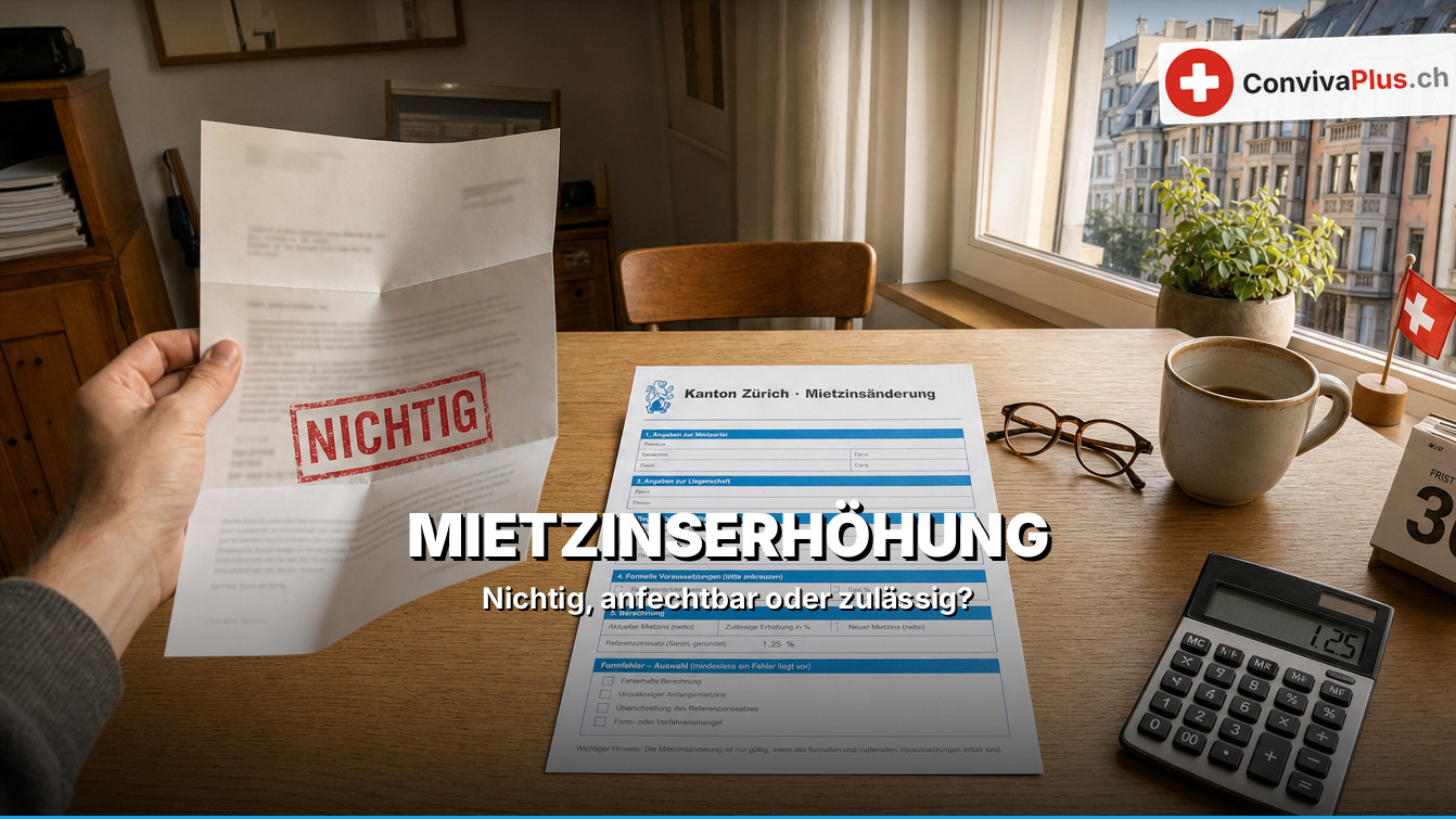 Mietzinserhöhung in der Schweiz prüfen: amtliches kantonales Formular für die Mietzinserhöhung, Taschenrechner, steigende Referenzzins-Kurve und Franken-Noten als Symbol für die Gültigkeitsprüfung nach Art. 269d OR