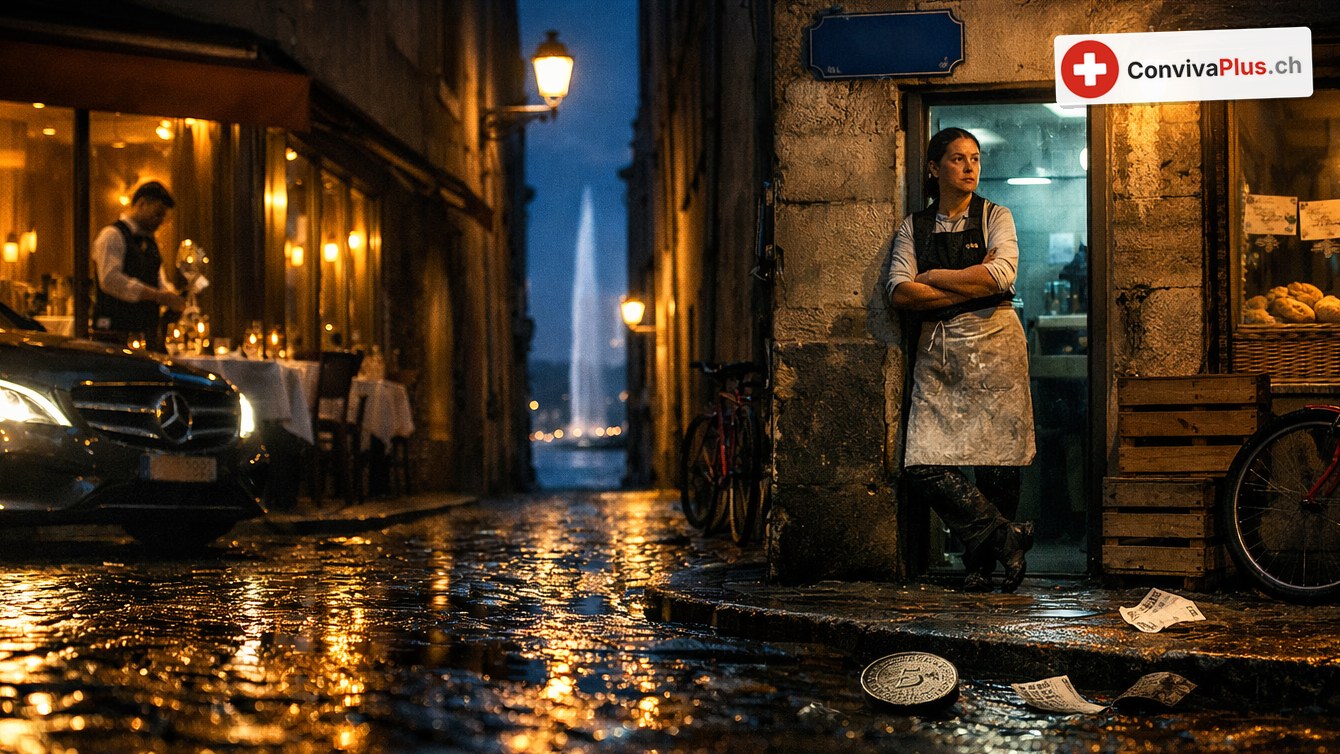 Nasse Altstadtgasse bei Nacht: links ein Kellner hinter dem Fenster eines Restaurants, rechts lehnt eine Köchin mit Schürze erschöpft im Türrahmen, daneben ein Fahrrad und Brotkörbe; am Ende der Gasse leuchtet der Jet d'eau
