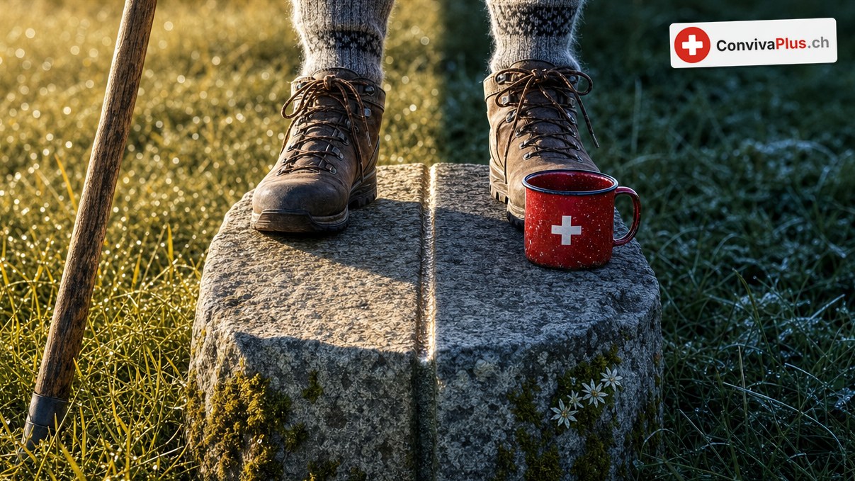 Two hiking boots on a boundary stone split in half by a groove; beside them a red enamel mug with a Swiss cross and a walking stick, warm morning light in the grass on the left, frost on the right