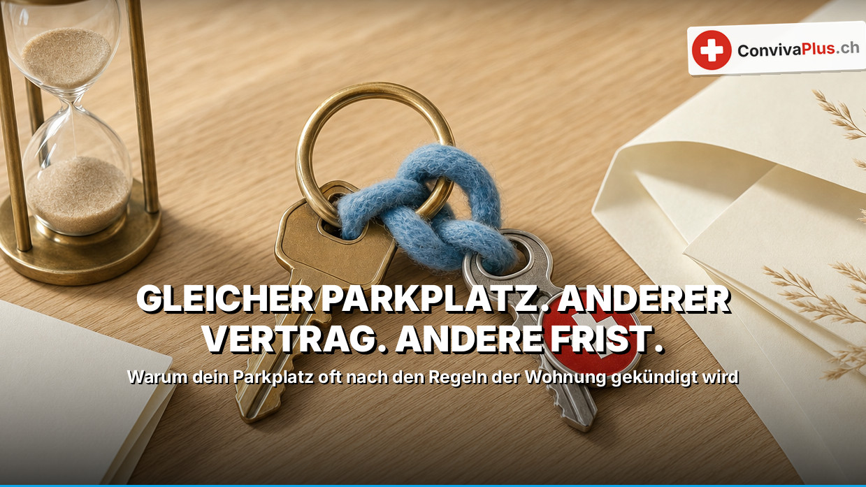 Zwei Schlüssel an einem Ring, mit blauer Wollkordel verknotet, einer mit Schweizerkreuz-Anhänger; daneben Sanduhr und Briefumschlag auf Holztisch