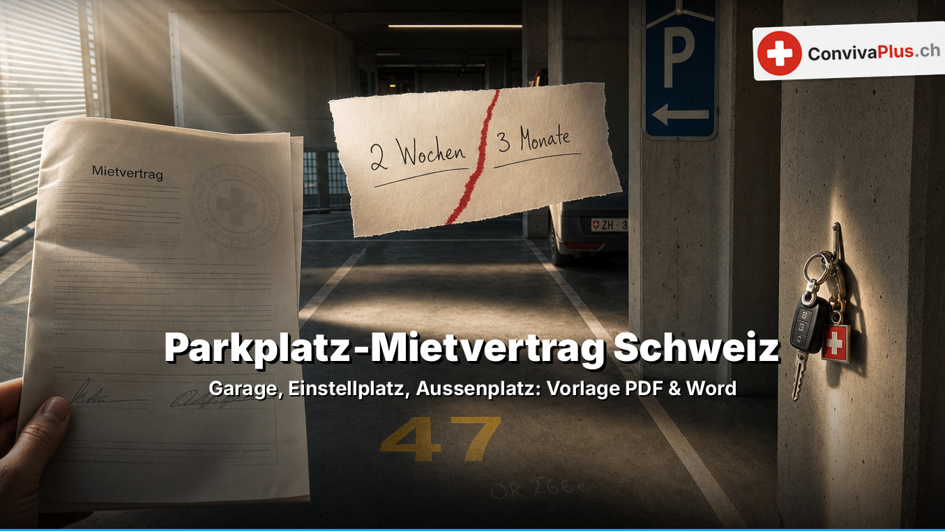 Eine Hand hält einen unterschriebenen Mietvertrag in einer Tiefgarage; darüber ein zerrissener Zettel «2 Wochen | 3 Monate», am Betonpfeiler hängt ein Autoschlüssel mit Schweizerkreuz-Anhänger, auf dem Boden die Platznummer 47