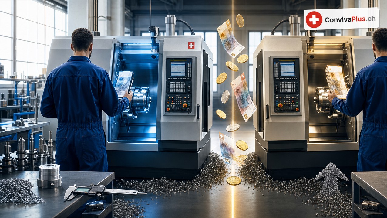 Zwei Polymechaniker in blauen Overalls an zwei identischen CNC-Maschinen in einer hellen Werkhalle; zwischen ihnen fallen Banknoten und Münzen herab, am Boden Metallspäne, ein Messschieber und ein Pfeil nach oben
