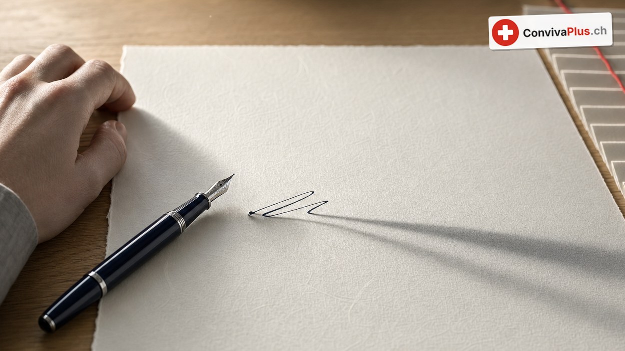 Eine Hand ruht auf einem leeren Büttenpapier, daneben eine Füllfeder und ein angefangener Unterschriftenschwung; am Rand ein Stapel Karten, durch den ein roter Faden läuft