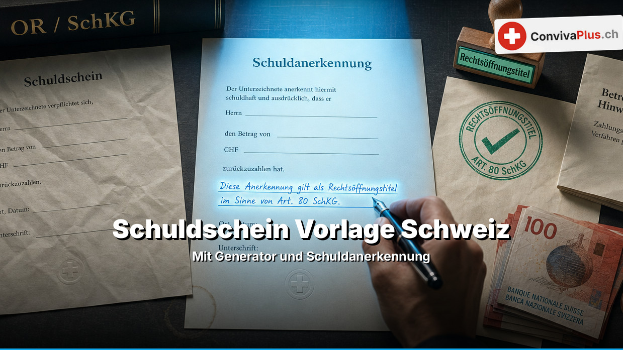 Eine Hand ergänzt eine Schuldanerkennung mit dem Satz zum Rechtsöffnungstitel nach Art. 80 SchKG; daneben ein leerer Schuldschein, ein Stempel «Rechtsöffnungstitel», 100-Franken-Noten, eine Sanduhr und ein Gesetzbuch OR/SchKG