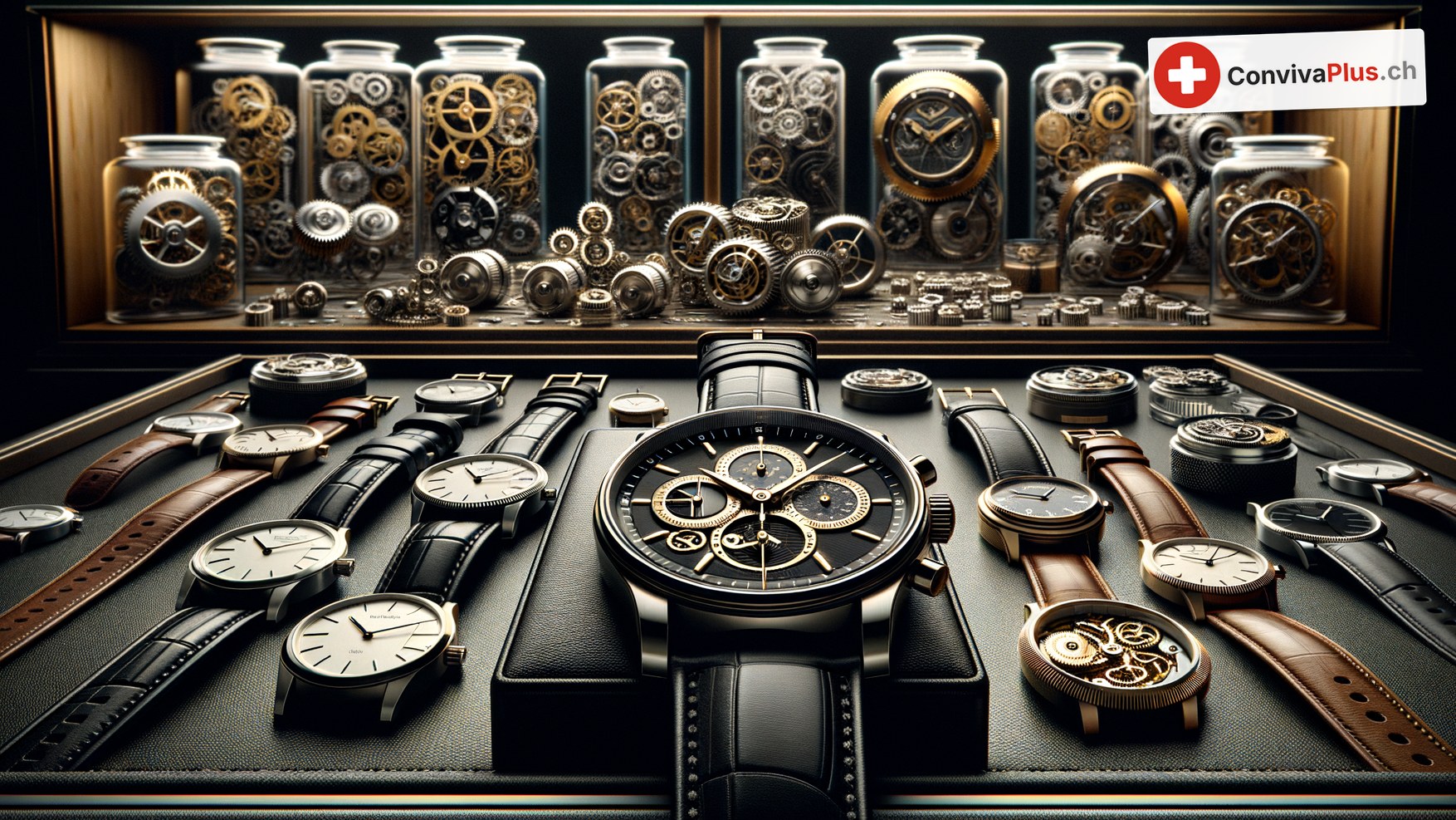 Display case on black leather: a black chronograph with gold hands in the centre, surrounded by wristwatches on leather and steel straps, some with open movements; behind them glass jars full of gears and movement parts
