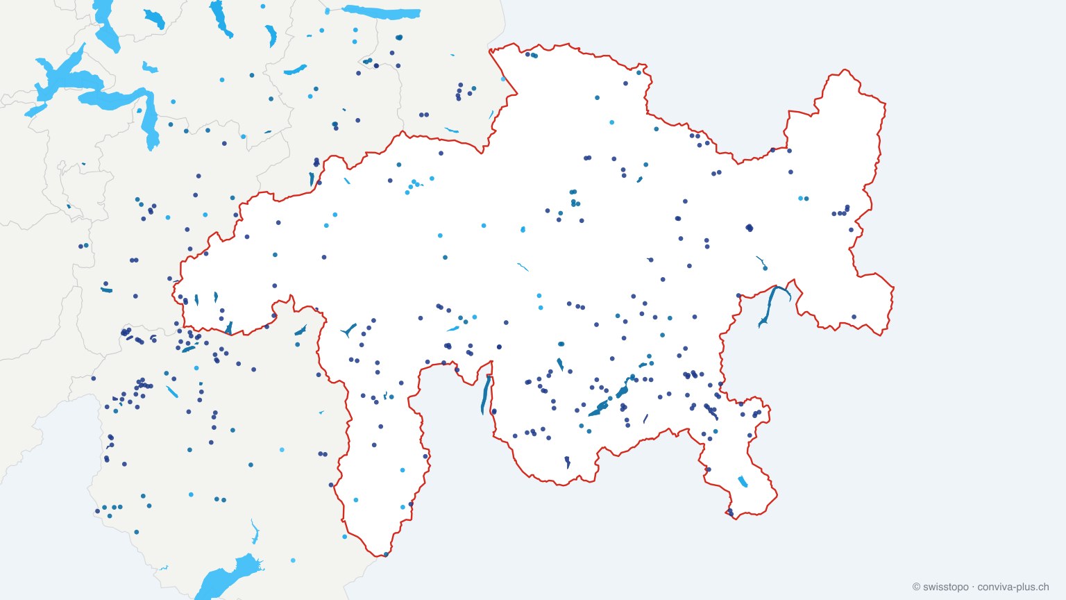 Karte: alle Seen im Kanton Graubünden, eingefärbt nach Höhenlage (dunkler = höher)