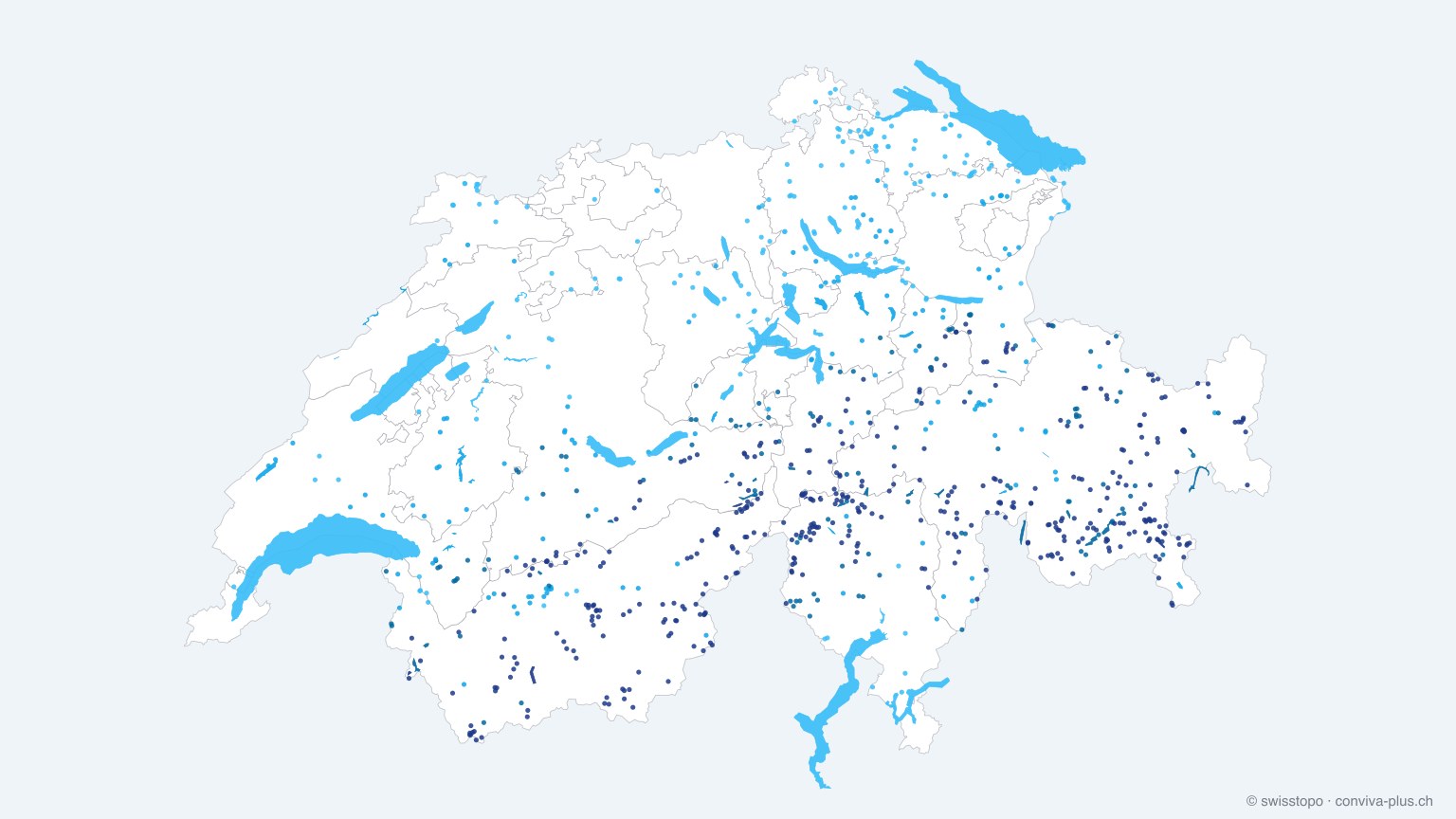 Carta della Svizzera con tutti i laghi da mezzo ettaro in su, colorati per altitudine (più scuro = più alto)