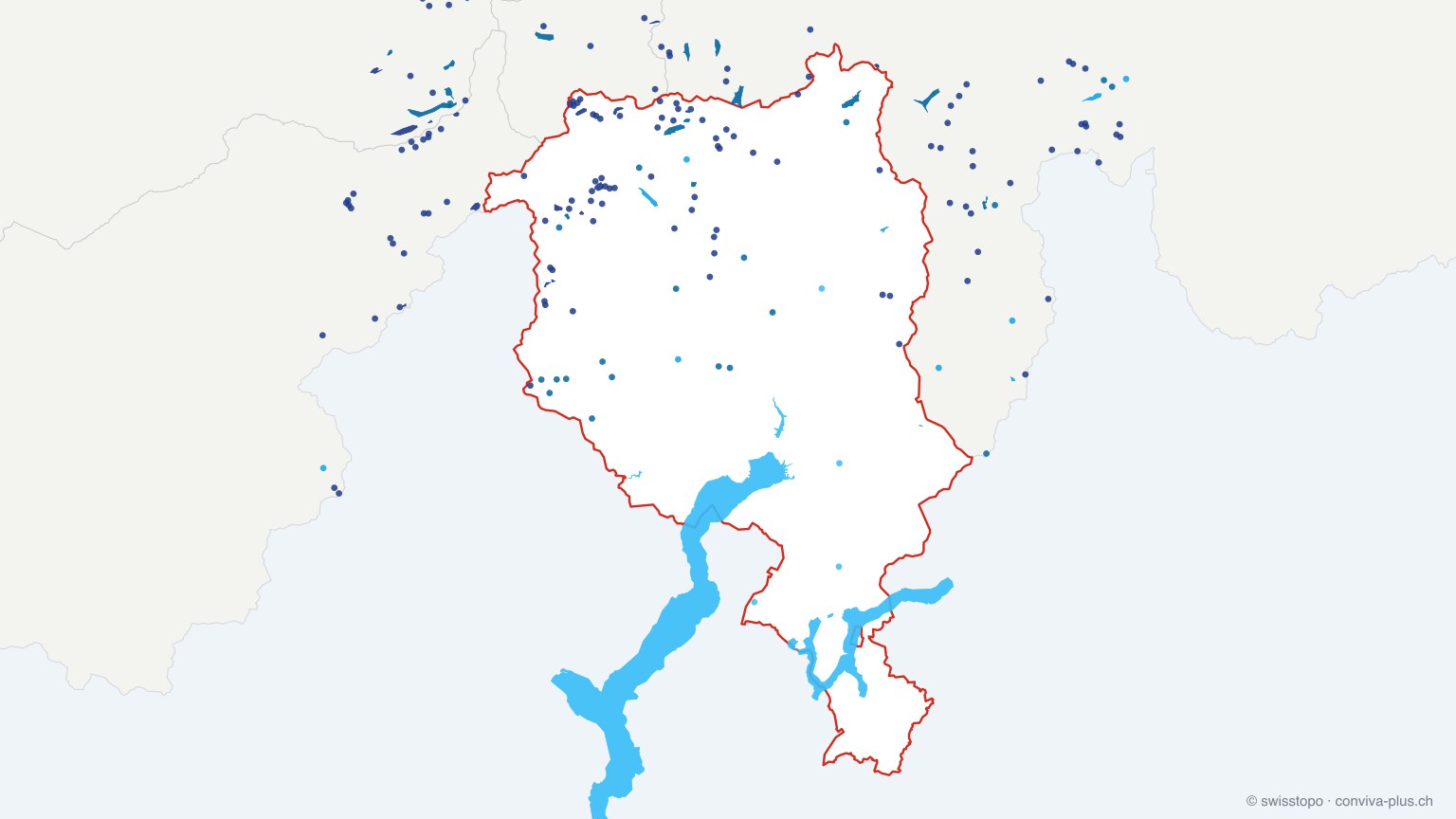 Karte: alle Seen im Kanton Tessin, eingefärbt nach Höhenlage (dunkler = höher)