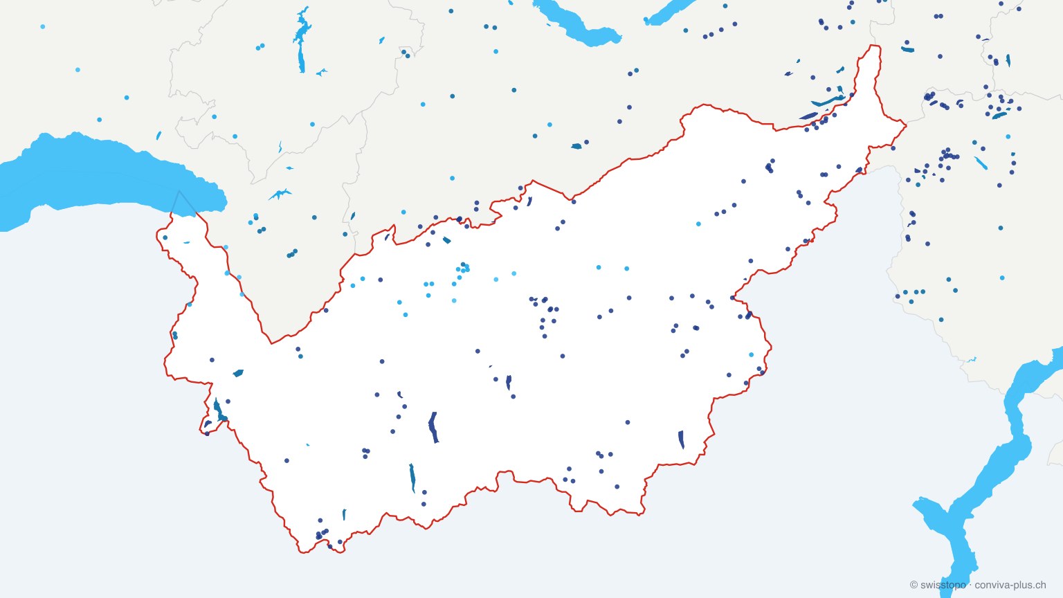 Karte: alle Seen im Kanton Wallis, eingefärbt nach Höhenlage (dunkler = höher)