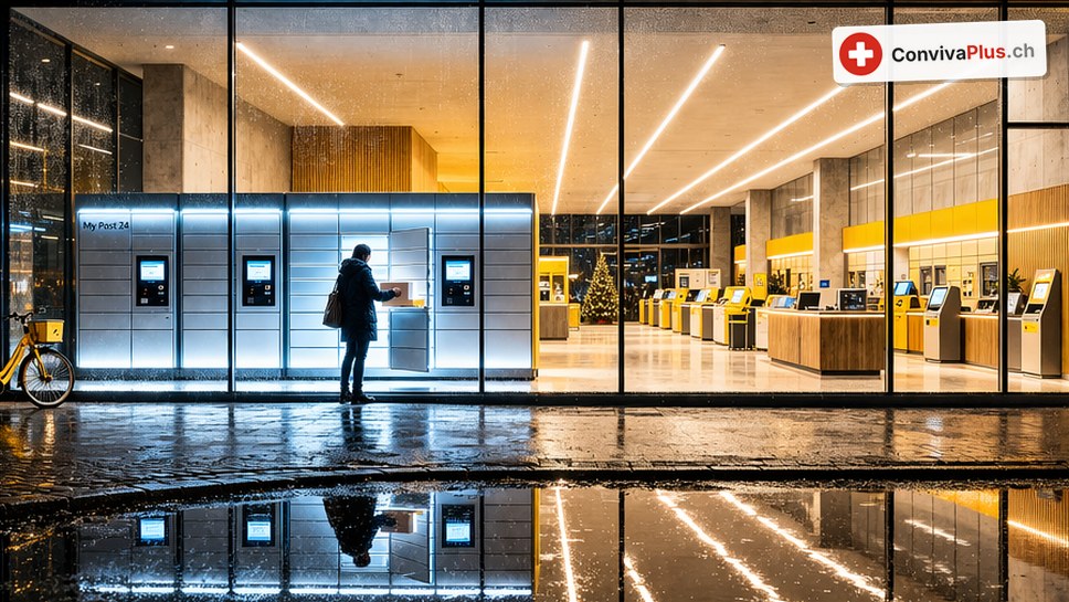Brightly lit glass-fronted post office at night with parcel lockers and yellow counters inside and the Swiss Post logo above; passers-by carrying parcels are reflected in the wet pavement, a station platform with a clock on the left