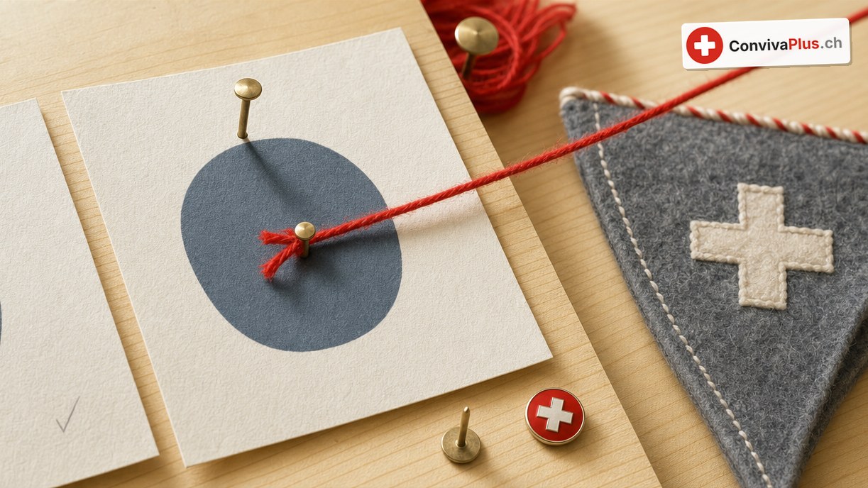 Zwei weisse Karten mit grauen Kreisen auf hellem Holz, mit Reissnägeln angeheftet; ein roter Faden führt von einem Wimpel aus grauem Filz mit weissem Kreuz zur Mitte der rechten Karte, daneben ein roter Pin mit Schweizerkreuz