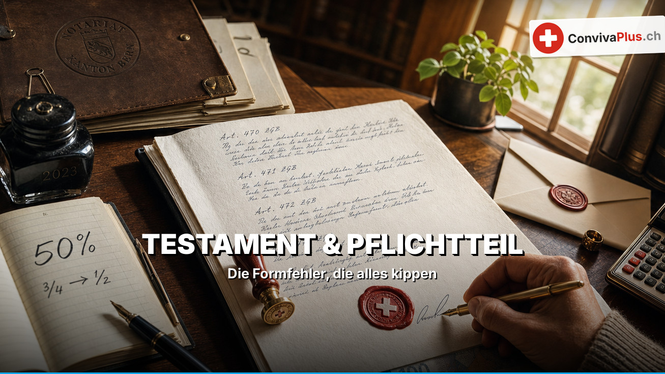 Eine Hand unterschreibt mit Füllfeder ein handgeschriebenes Testament mit Verweisen auf ZGB-Artikel und rotem Siegel mit Schweizerkreuz; daneben ein Tintenfass, ein Siegelstempel, ein Notizbuch mit «50 %» und «3/4 → 1/2», ein Taschenrechner und ein Gesetzbuch ZGB