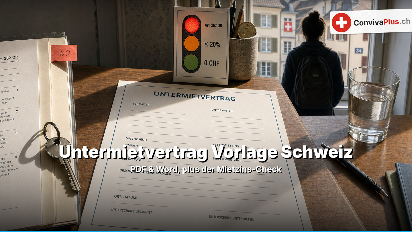 Leerer Untermietvertrag auf einem Holztisch, daneben ein aufgeschlagenes Gesetzbuch bei Art. 262 OR mit Wohnungsschlüssel und ein Ampel-Kärtchen «≤ 20 %»; am Fenster steht eine Person mit Rucksack vor einer Altstadtzeile