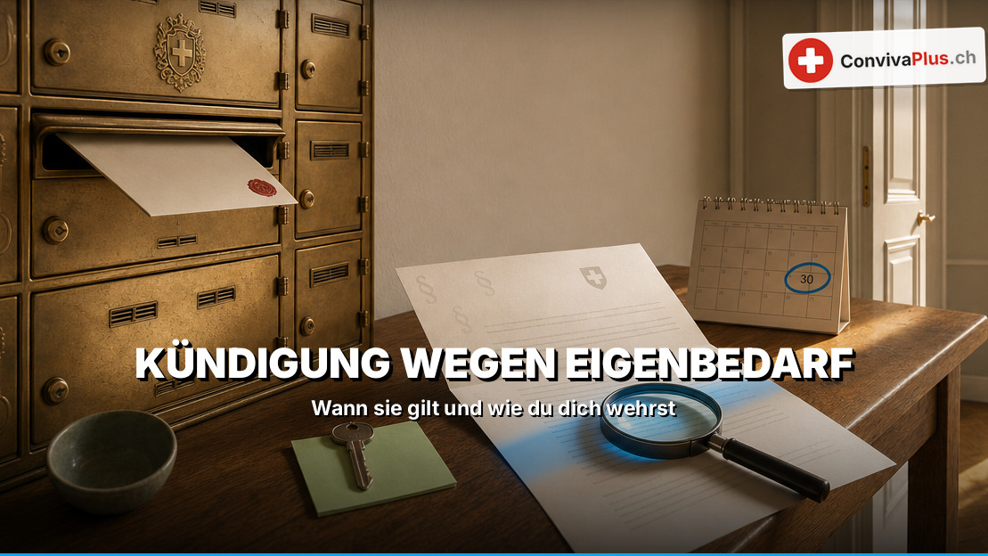 Vermieter-Kündigung in der Schweiz anfechten: amtliches Kündigungsformular, Kalender mit 30-Tage-Frist, Wohnungsschlüssel und das Gebäude der Schlichtungsbehörde als Symbol für Kündigungsschutz und Erstreckung nach OR Art. 271 und 272