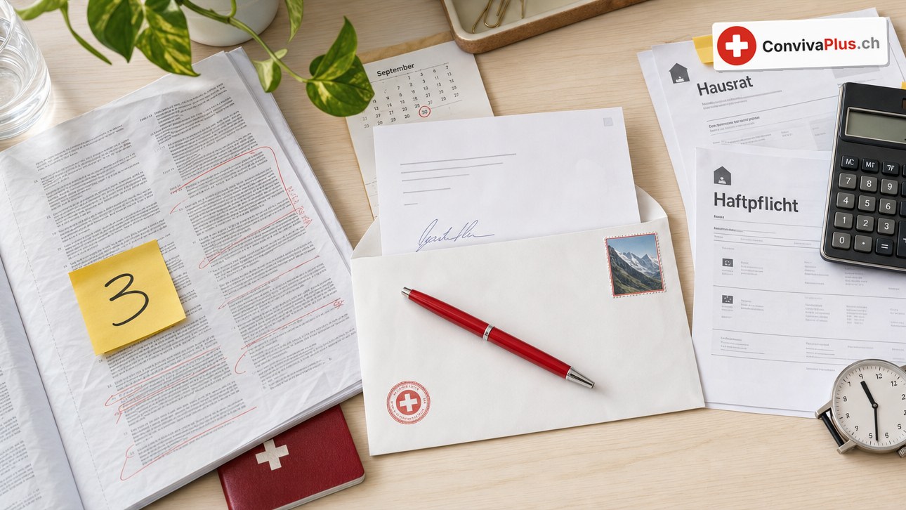 Schreibtisch von oben: Policen für Hausrat und Haftpflicht, ein unterschriebener Brief im Umschlag mit Alpen-Briefmarke, ein roter Kugelschreiber, ein Taschenrechner mit 365, eine Armbanduhr, ein Gesetzestext mit gelbem Zettel «3» und ein Kalender