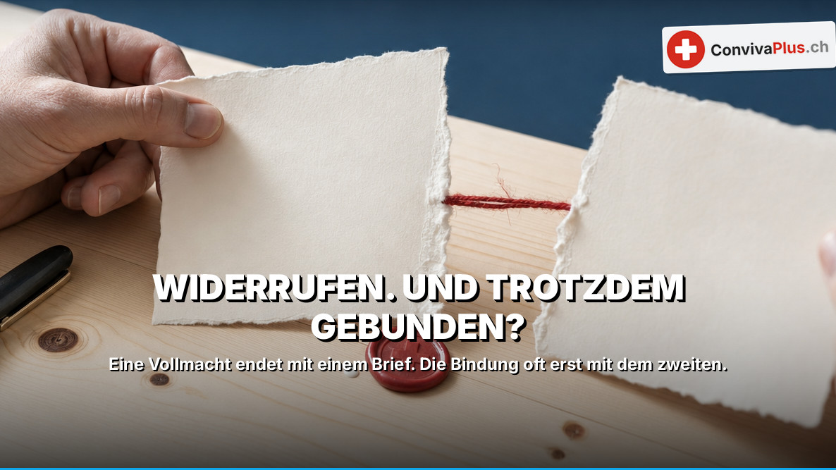 Zwei Hände halten die Hälften eines zerrissenen Büttenpapiers, die ein roter Faden noch verbindet; daneben Füllfeder und rotes Siegel mit Schweizerkreuz