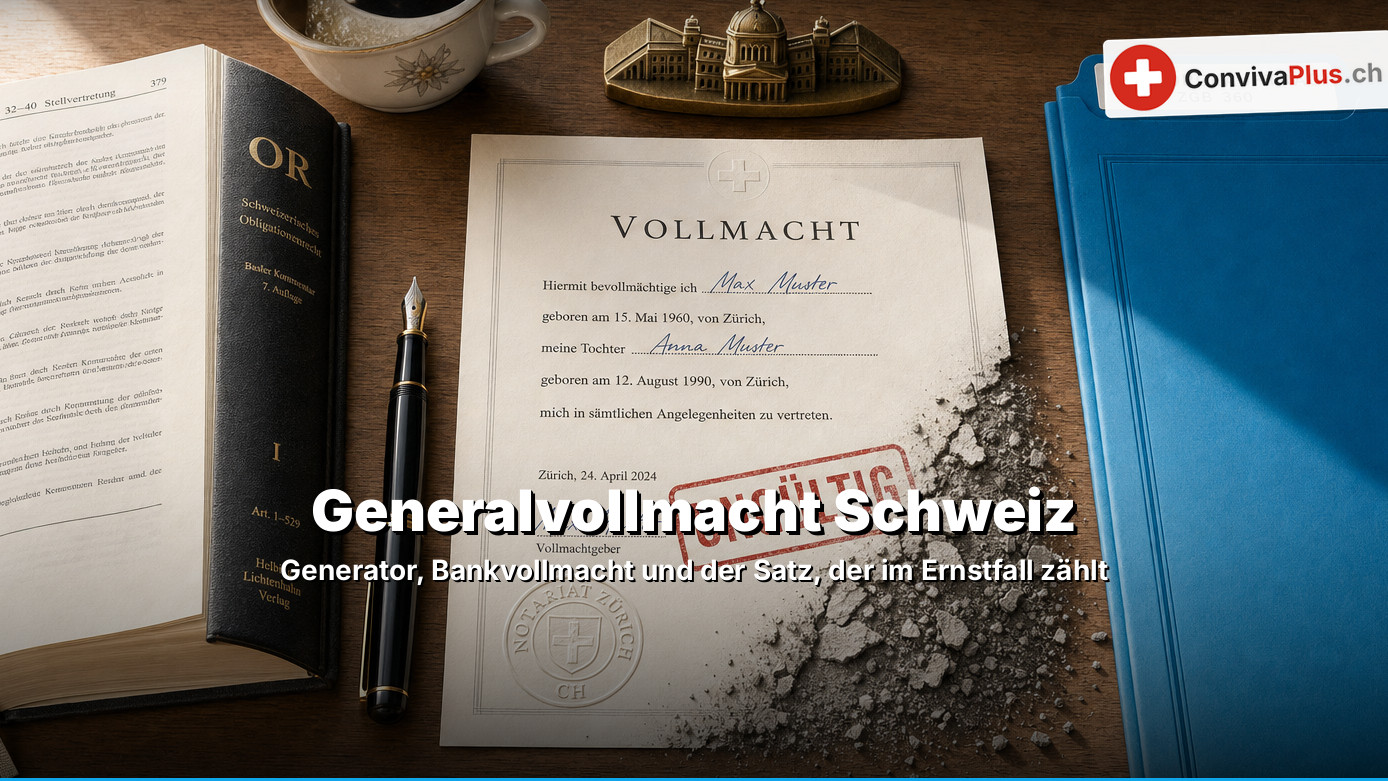 Ausgefüllte Vollmacht mit rotem Stempel «ungültig», deren Ecke zu Staub zerfällt; daneben Füllfeder, Obligationenrecht und blauer Ordner «Vorsorgeauftrag»