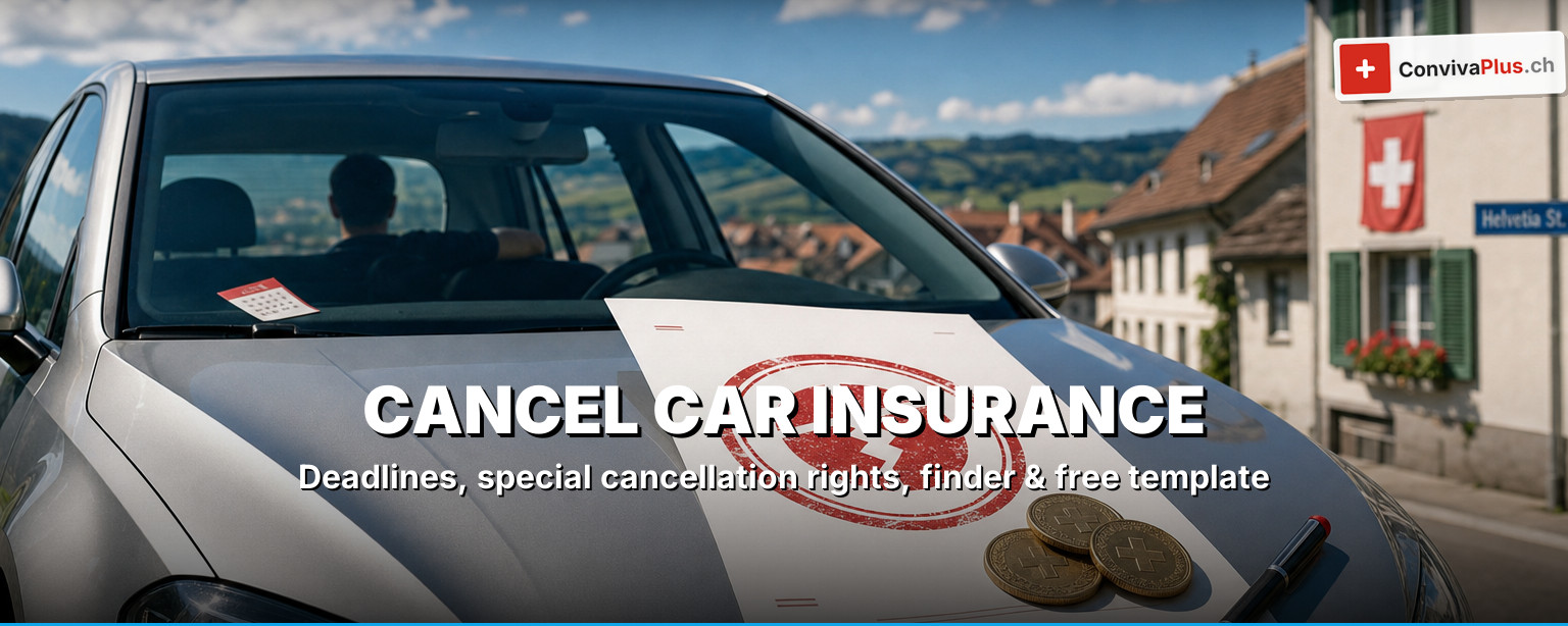 Cancellation letter for Swiss car insurance with car key, deadline calendar, vehicle registration document and registered-mail receipt, template and ICA cancellation right