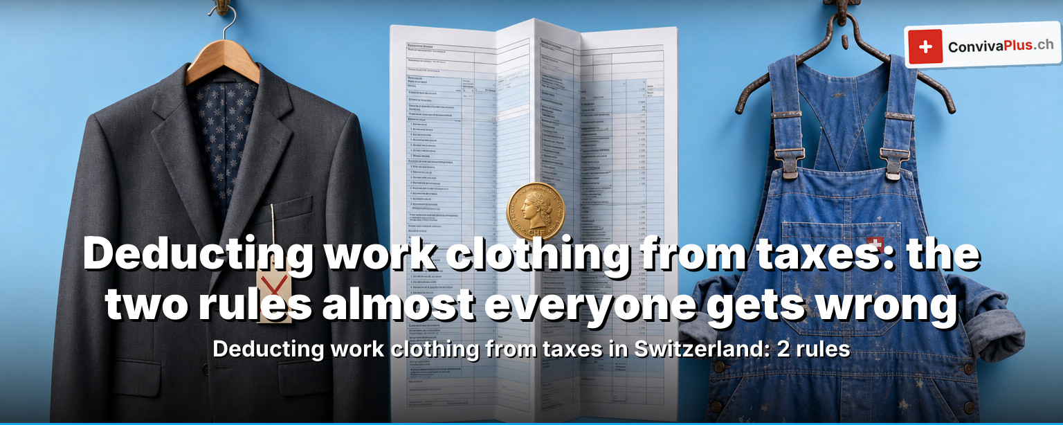 Work clothing tax deduction Switzerland 2026: tradesman's overalls and business suit compared, with franc notes, tax return and the flat-rate deduction for other professional expenses