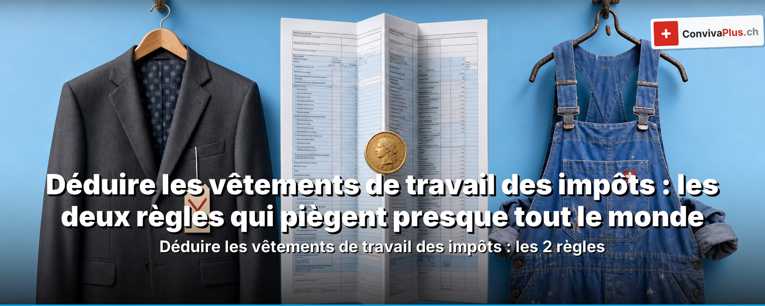 Déduction vêtements de travail Suisse 2026 : bleu de travail d'artisan et costume comparés, avec billets en francs, déclaration d'impôt et le forfait pour autres frais professionnels