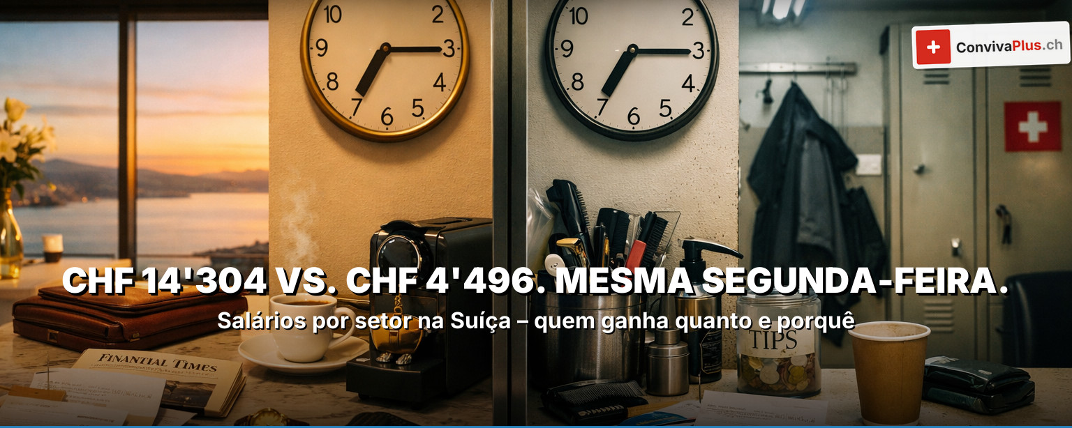 Salários por setor Suíça 2026: gráfico de barras CHF 14'304 (indústria tabaqueira) vs. CHF 4'496 (serviços pessoais)