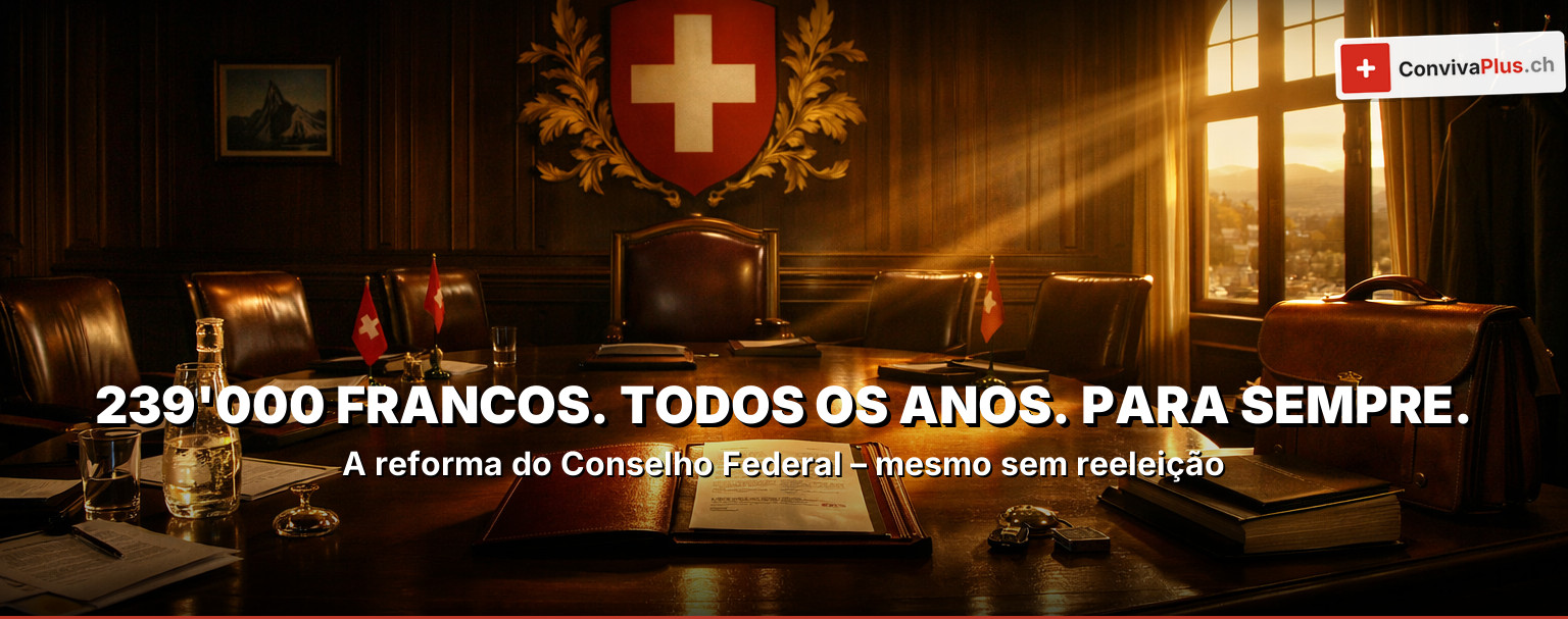 Palácio Federal em Berna ao pôr do sol com notas de francos suíços – Salário do Conselho Federal CHF 478'000 por ano