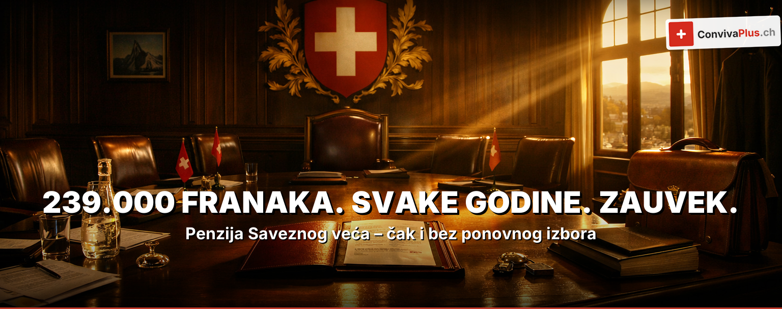 Savezni parlament u Bernu pri zalasku sunca sa švajcarskim banknotama – Plata Saveznog veća CHF 478'000 godišnje