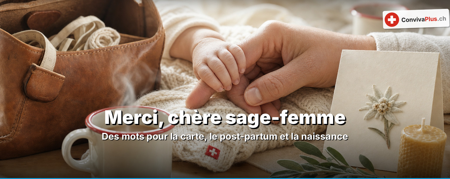 Carte de remerciement manuscrite à côté d’une balance pour bébé et d’un petit bonnet tricoté sur la table d’un salon en Suisse