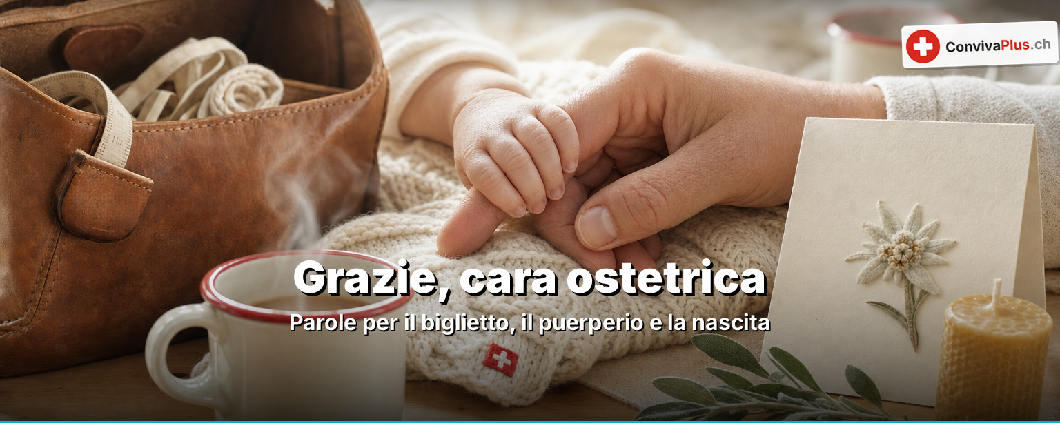 Biglietto di ringraziamento scritto a mano accanto a una bilancia per neonati e a un cappellino a maglia sul tavolo di un soggiorno svizzero