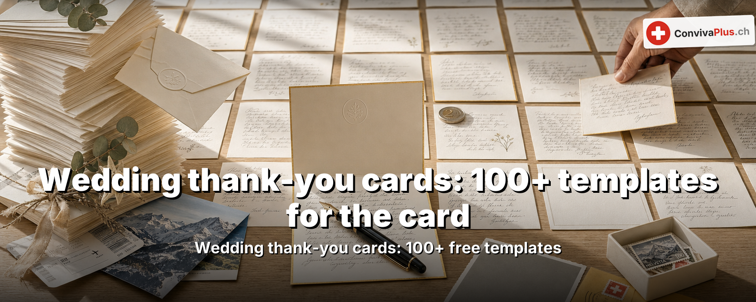 Handwritten wedding thank-you card beside wedding rings and flowers on a wooden table