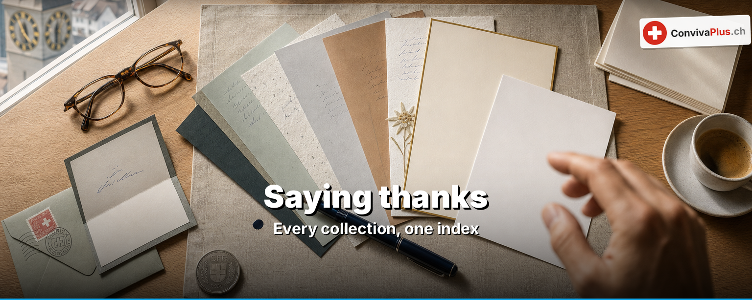 Nine Swiss thank-you cards fanned out on a desk, with fountain pen, stamp and five-franc coin