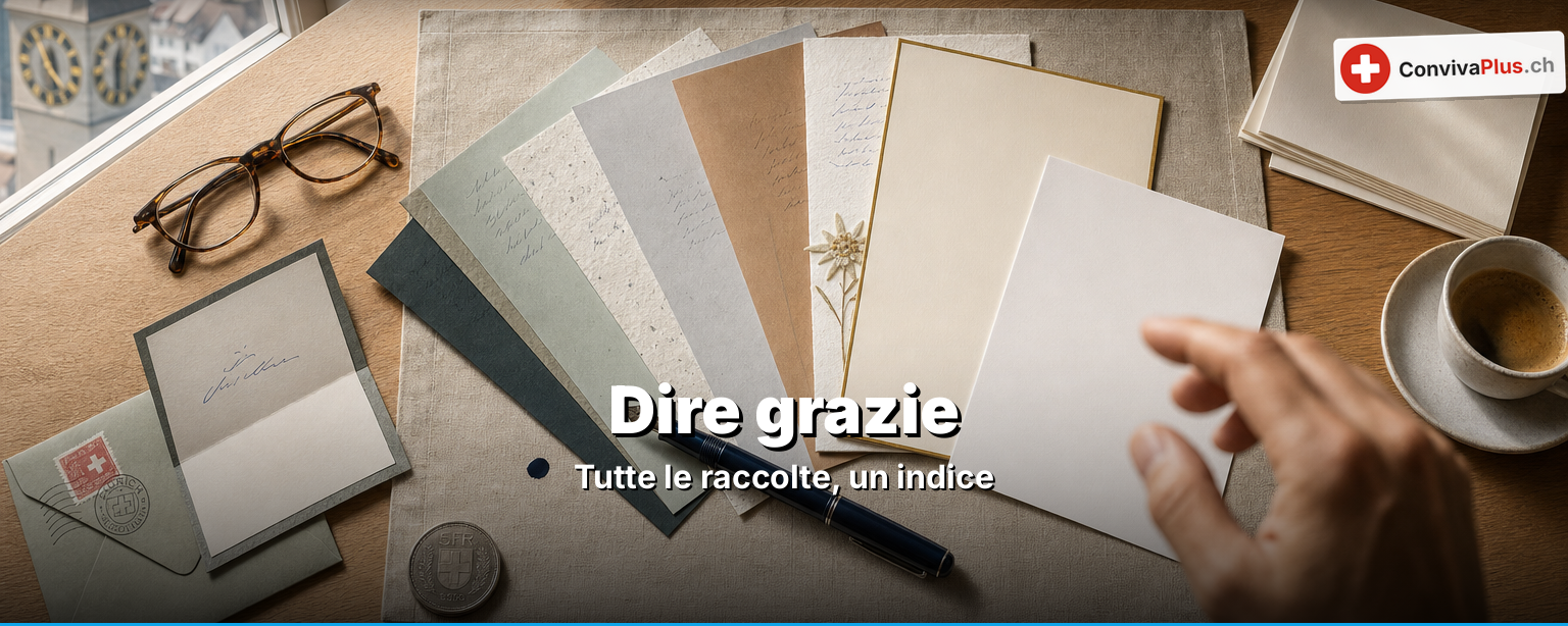 Nove biglietti di ringraziamento svizzeri disposti a ventaglio su una scrivania, con penna, francobollo e moneta da cinque franchi