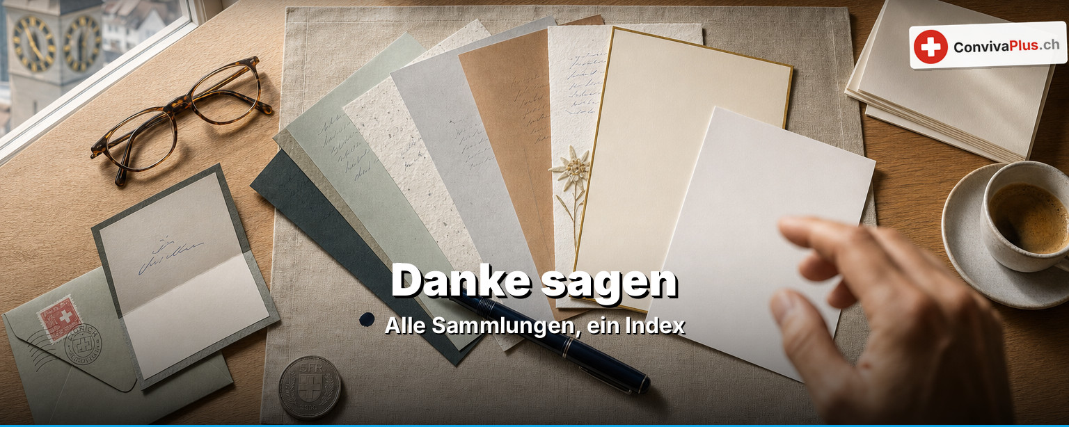 Neun Schweizer Dankeskarten aufgefächert auf einem Schreibtisch, daneben Füllfeder, Briefmarke und Fünfliber