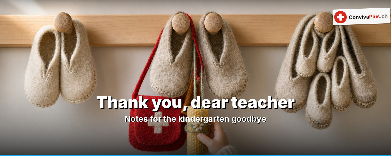 A child’s drawing and a handwritten thank-you card next to a small snack box and slippers at the coat hooks of a Swiss kindergarten
