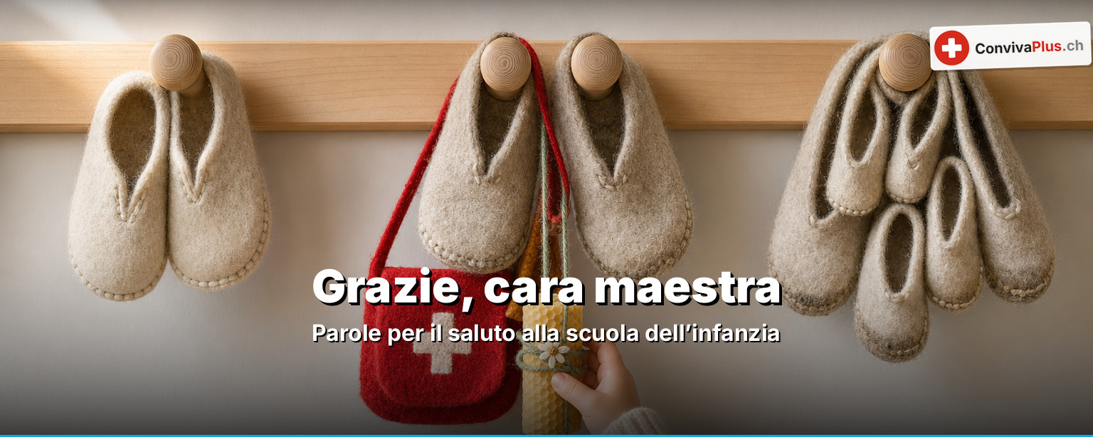 Disegno di un bambino e biglietto di ringraziamento scritto a mano accanto a un portamerenda e a delle pantofole allo spogliatoio di una scuola dell’infanzia svizzera