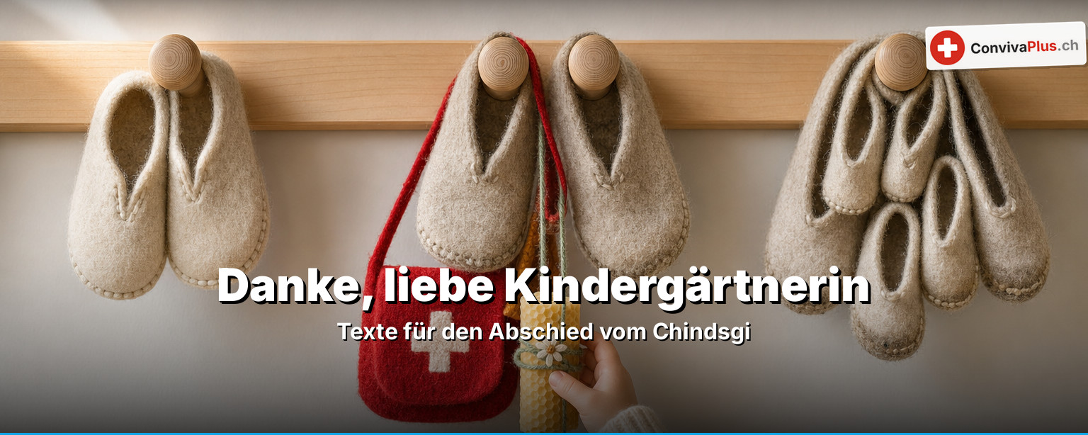 Kinderzeichnung und handgeschriebene Dankeskarte neben einem kleinen Znüniböxli und Finken an einer Garderobe in einem Schweizer Kindergarten