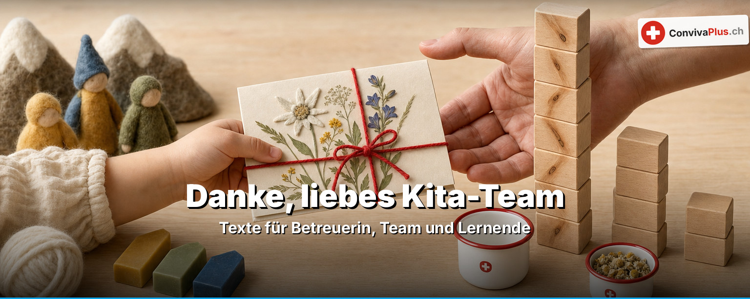 Handgeschriebene Dankeskarte und Kinderzeichnung an einer Garderobe mit kleinen Finken und Rucksäckli in einer Schweizer Kita