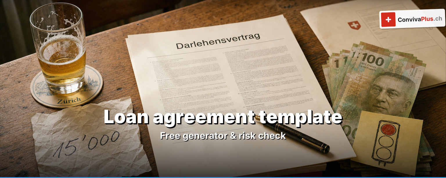Loan agreement Switzerland: filled-in template with two signatures, banknotes, calculator and the Code of Obligations