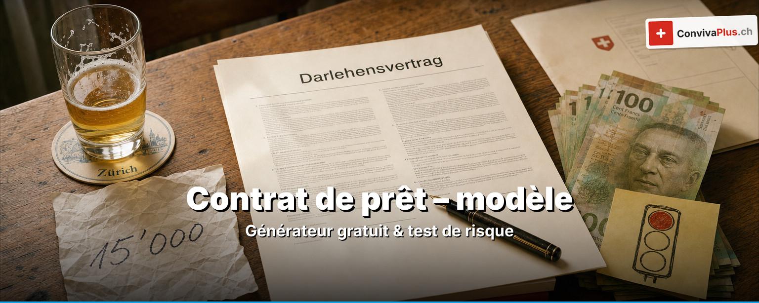 Contrat de prêt Suisse : modèle rempli avec deux signatures, billets, calculatrice et code des obligations