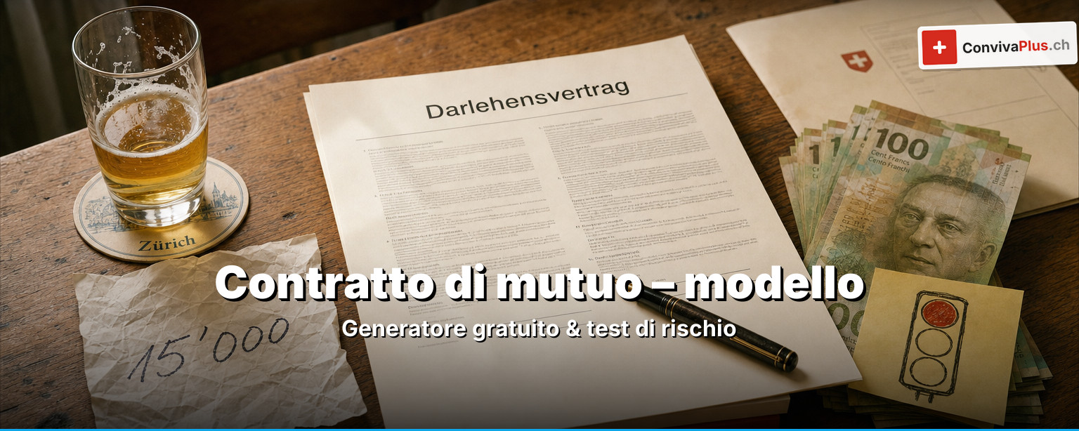 Contratto di mutuo Svizzera: modello compilato con due firme, banconote, calcolatrice e codice delle obbligazioni