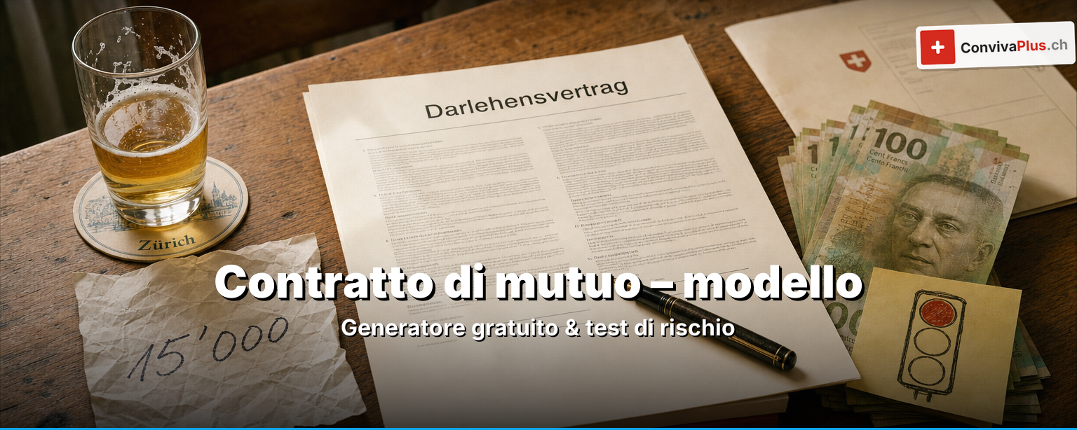 Contratto di mutuo Svizzera: modello compilato con due firme, banconote, calcolatrice e codice delle obbligazioni