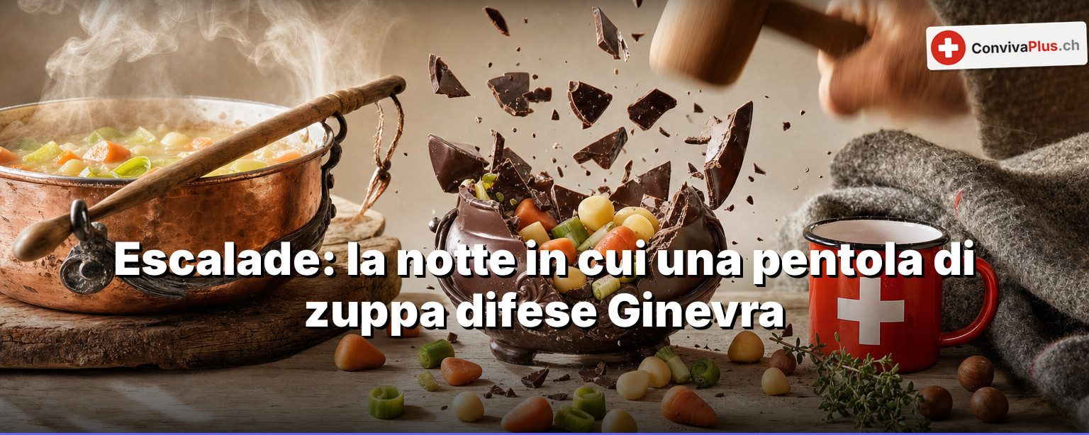 Fête de l'Escalade nella città vecchia di Ginevra: portatori di fiaccole e picchieri in costume davanti alla cattedrale di Saint-Pierre, marmite di cioccolato con lo stemma ginevrino in primo piano